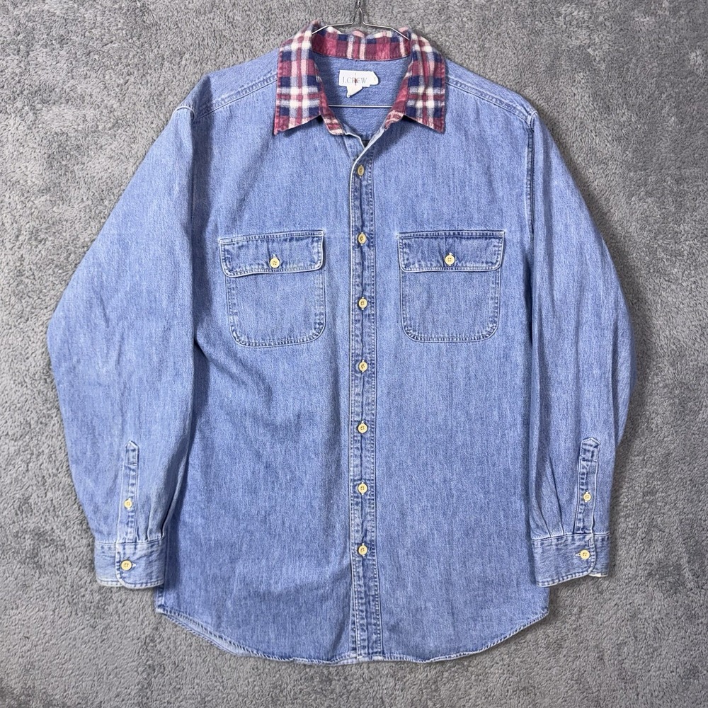 Vintage J. Crew Denim Shirt Men M USA Flannel Overshirt Oarsman Shacket Chore